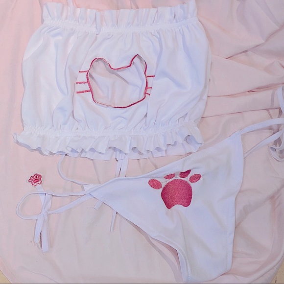 White and Pink Kitten Lingerie Set - Picture 1 of 4